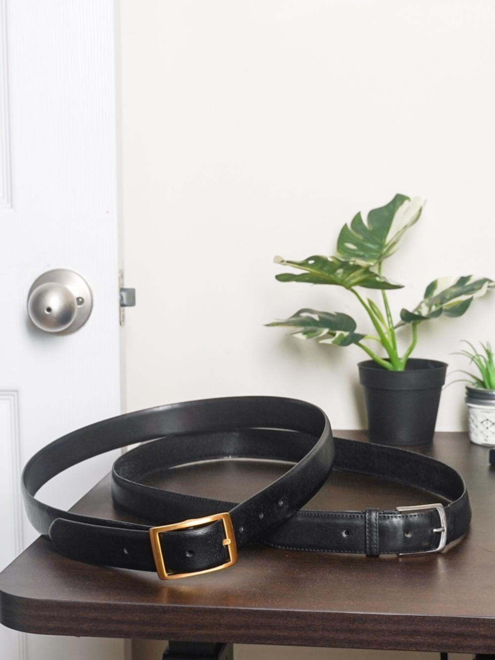 Vintage Black Mens Leather Belts Gold Silver Pair of 2